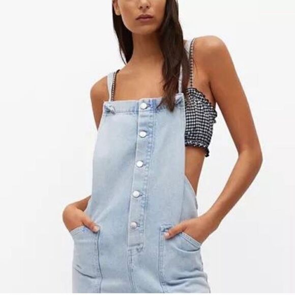 NEW Mango light‎ blue denim overalls w/ knot straps and deep pockets Size L boho - Picture 4 of 12